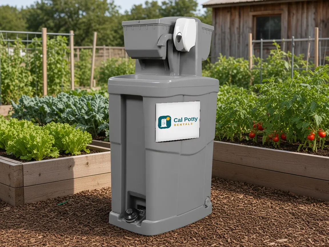 A grey handwashing station on wood chips beside raised vegetable garden beds