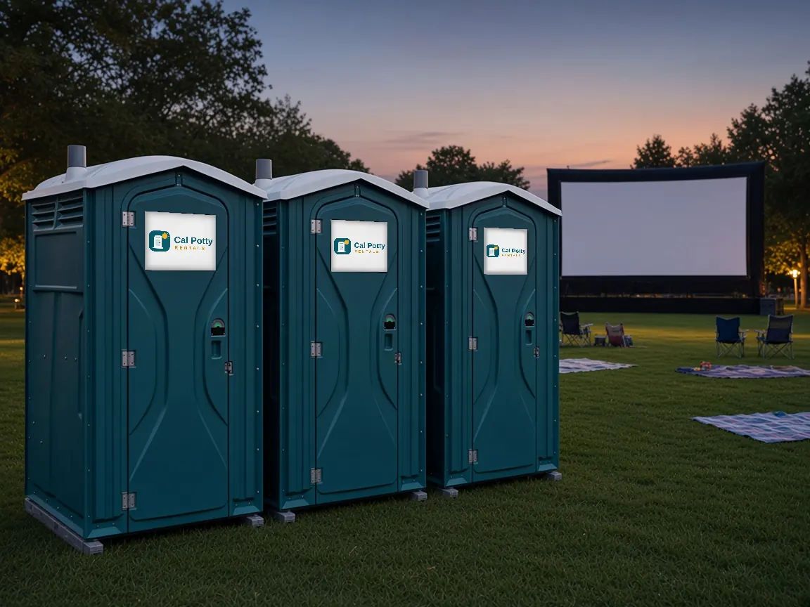 Three teal portable toilets on a lawn at dusk in front of an outdoor movie screen