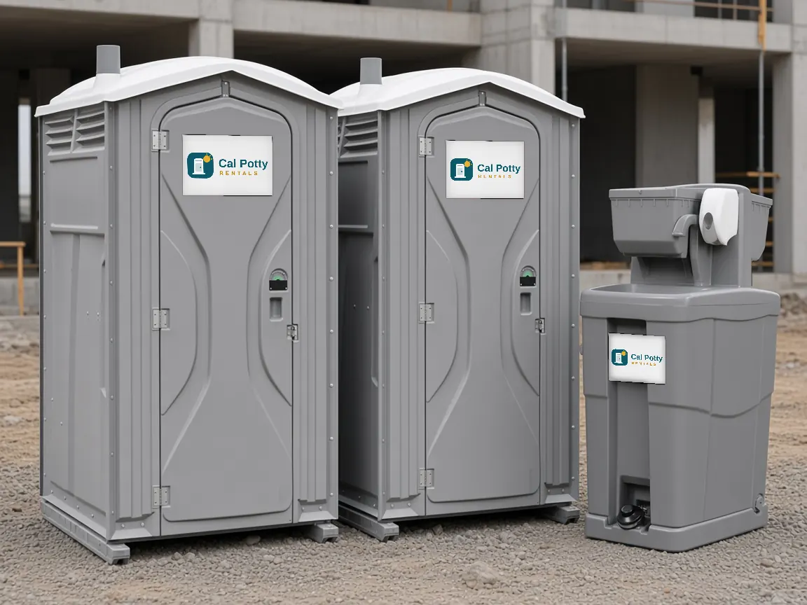 Two grey porta potties and a grey handwashing station on a gravel construction site